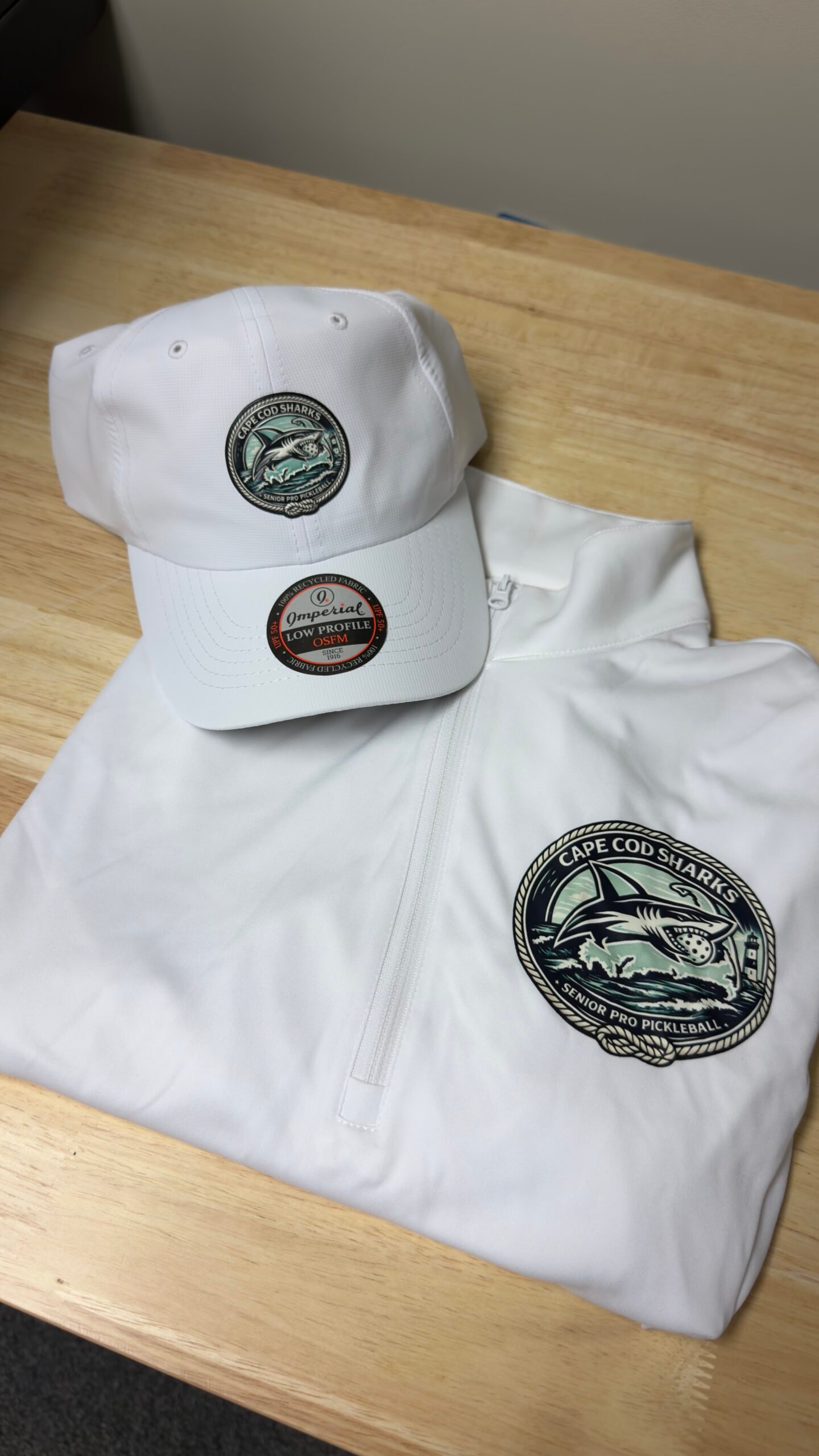 Cape Cod Sharks custom hat and quarter-zip by New Gen Printing