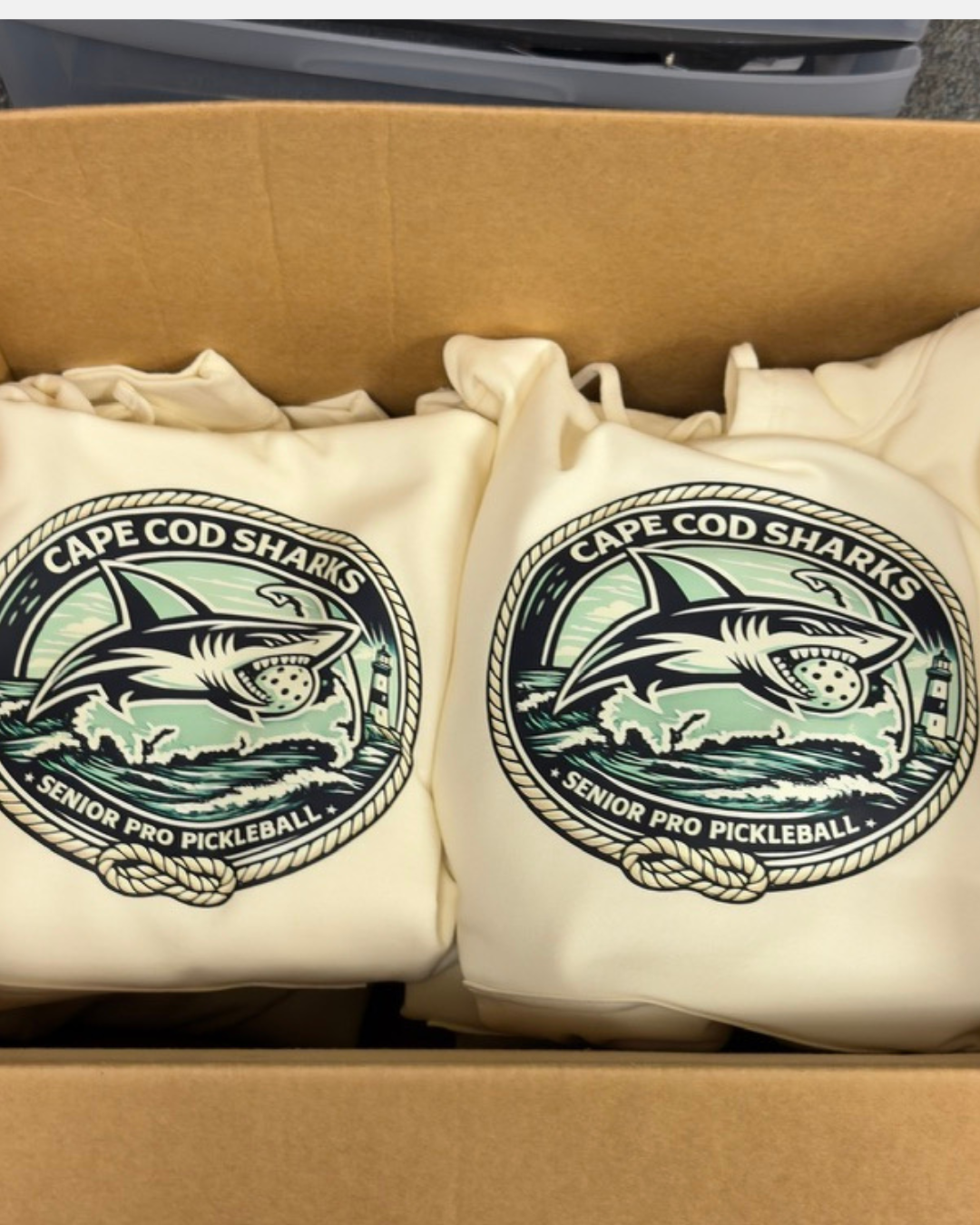 Bulk order of custom Cape Cod Sharks hoodies by New Gen Printing