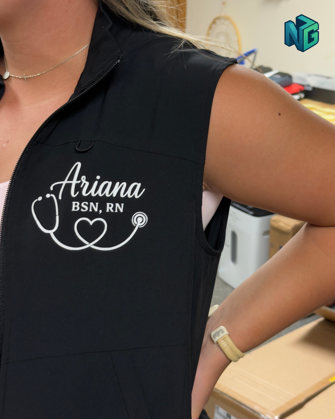 Personalized nurse vest with custom name and design by New Gen Printing